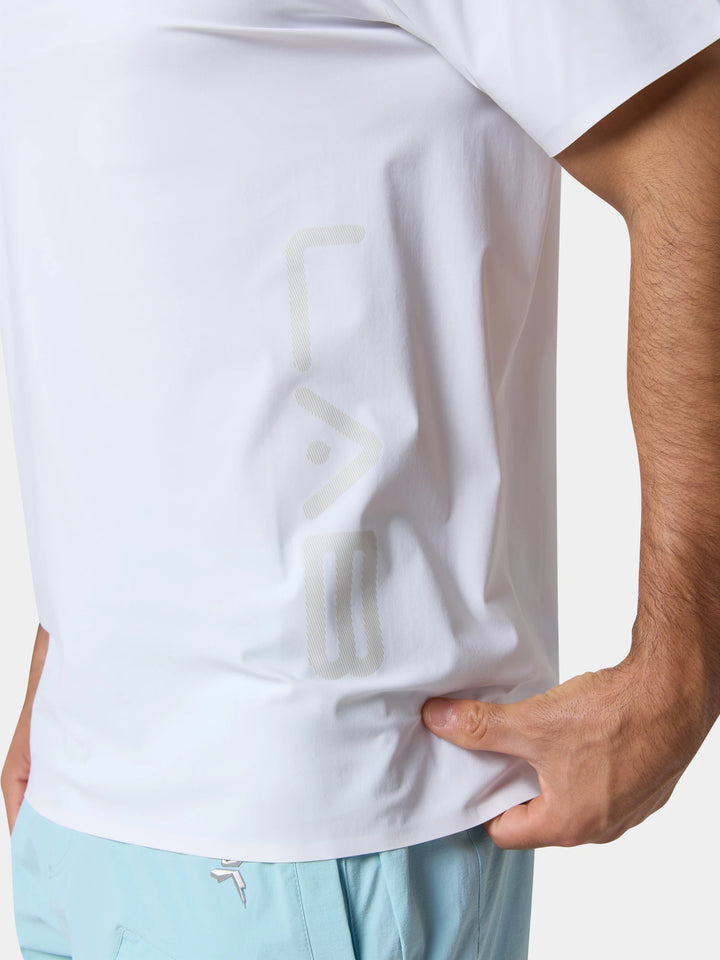 The side seam and tonal side print of the Active Life Quick-Dry Sport T-Shirt in Lunar White, a hand at the hem