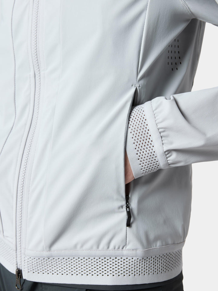 The zip pocket, perforated cuff and perforated hem of the Active Life Quick-Dry Knit Hooded Sports Jacket in Frost Gray