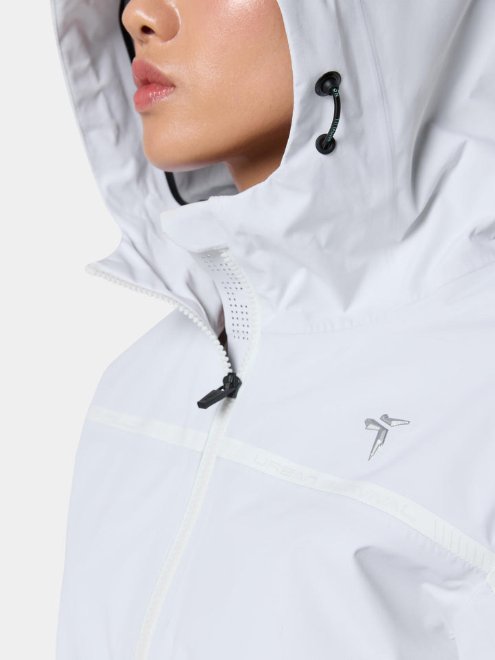 The hood and drawcord toggle of the Urban Explorer Lightweight Jacket in Lunar White
