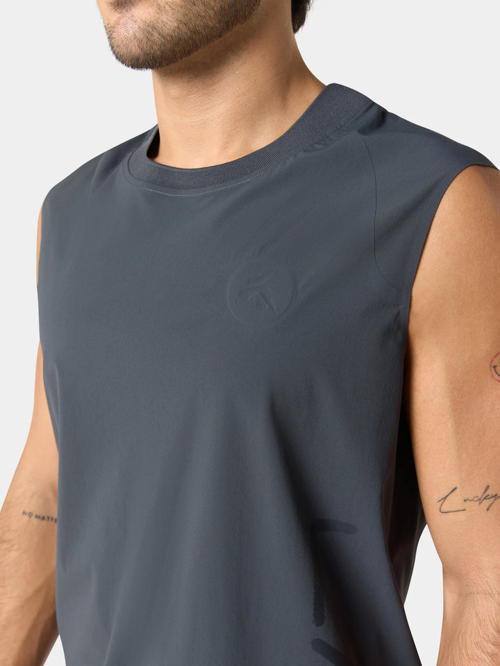 The crew neckline and shoulder of the Active Life Quick-Dry Sports Tank Top in Obsidian Gray