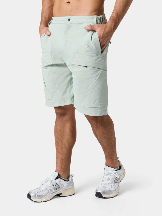 Tittallon Urban Explorer Water-Repellent Casual Shorts in Sage Gray, a hand in the pocket, waist to feet