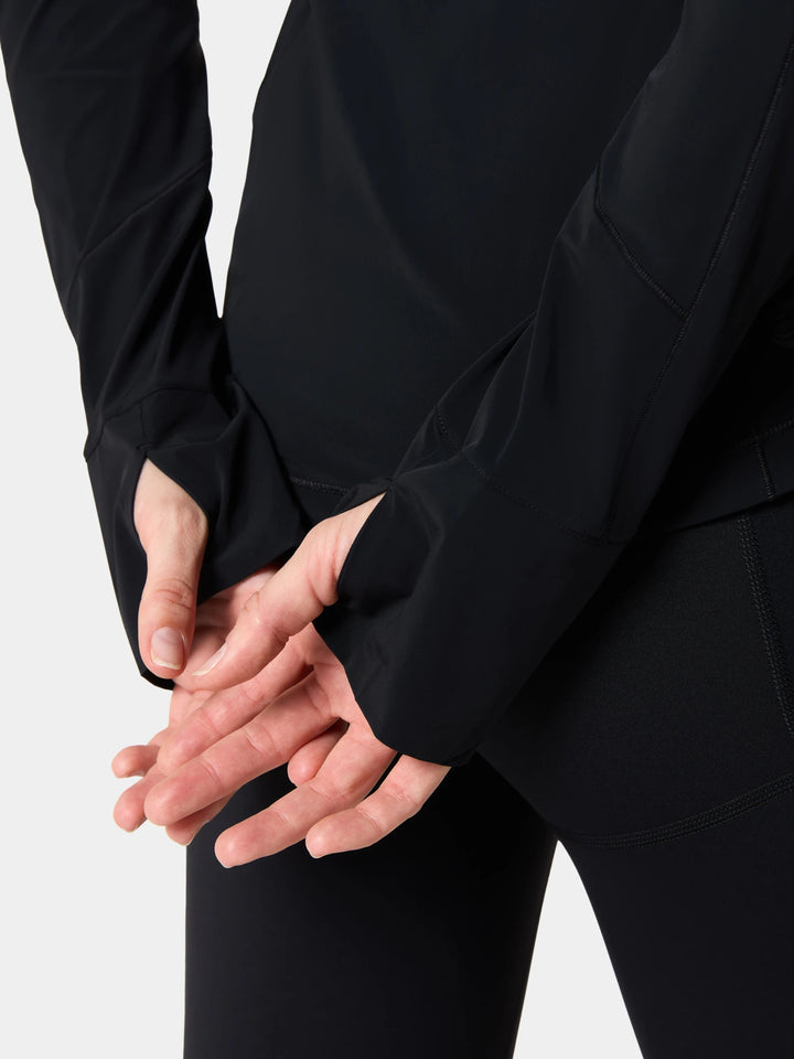 Hands behind the back, thumbs through the thumbhole cuffs of the ThermaFlex Thumbhole Zip Jacket in Obsidian Black