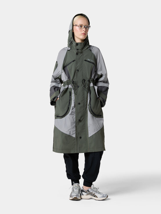 Fenggy PanelDrape Longline Trench Coat in Urban Olive, a second view