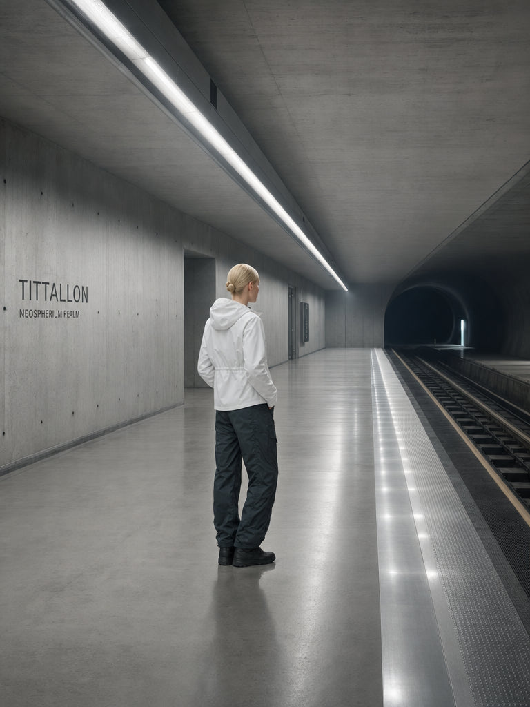 A composed figure in TITTALLON outerwear on a quiet platform in the early morning — the coat doing its work, unnoticed.