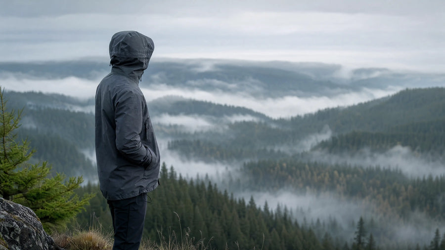 A figure in a charcoal TITTALLON shell on a ridge, gazing across an evergreen valley filling with morning mist.