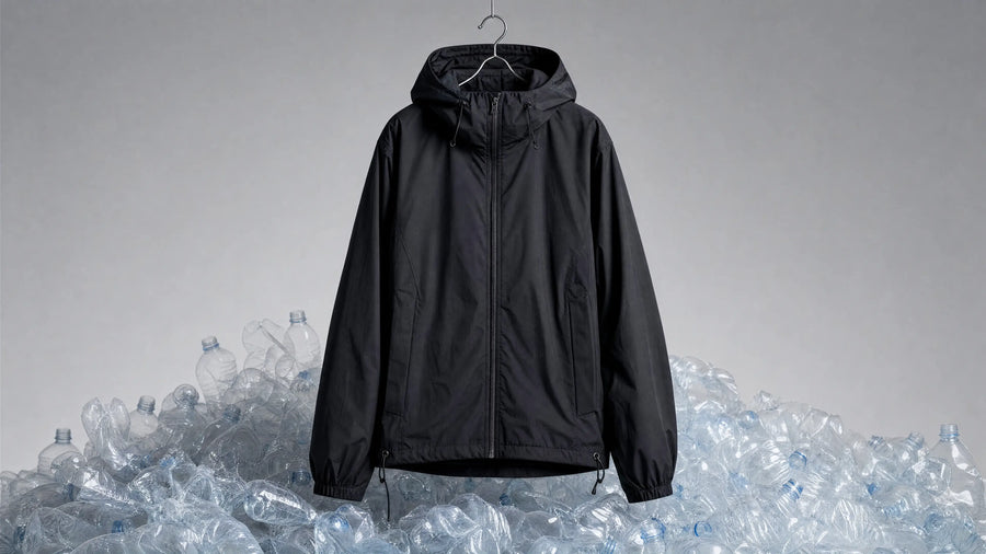 A black TITTALLON shell on a hanger rising above a field of clear, crushed post-consumer plastic bottles, on a pale grey studio backdrop.