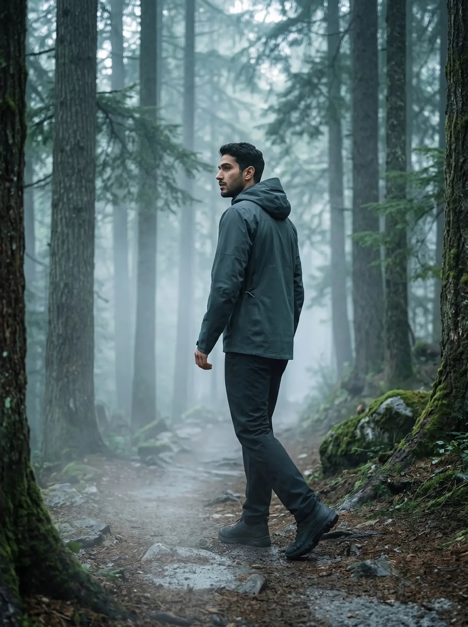 A figure in TITTALLON outerwear on an open forest trail in cool morning light, the freedom that is made.
