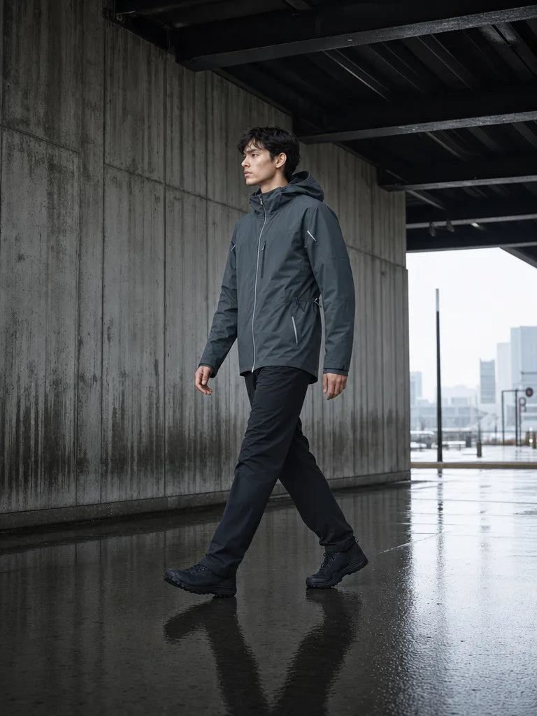 A figure mid-stride through a rain-slicked concrete underpass. TITTALLON outerwear at the morning commute.