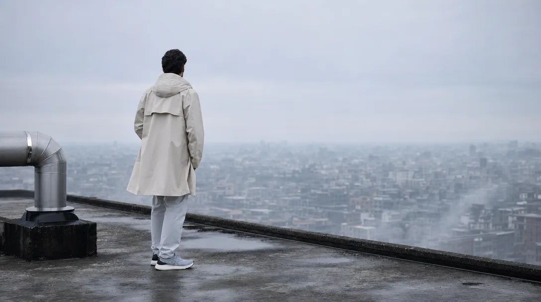 A figure paused on a concrete rooftop at cool dawn. The place is ready for the day you do.