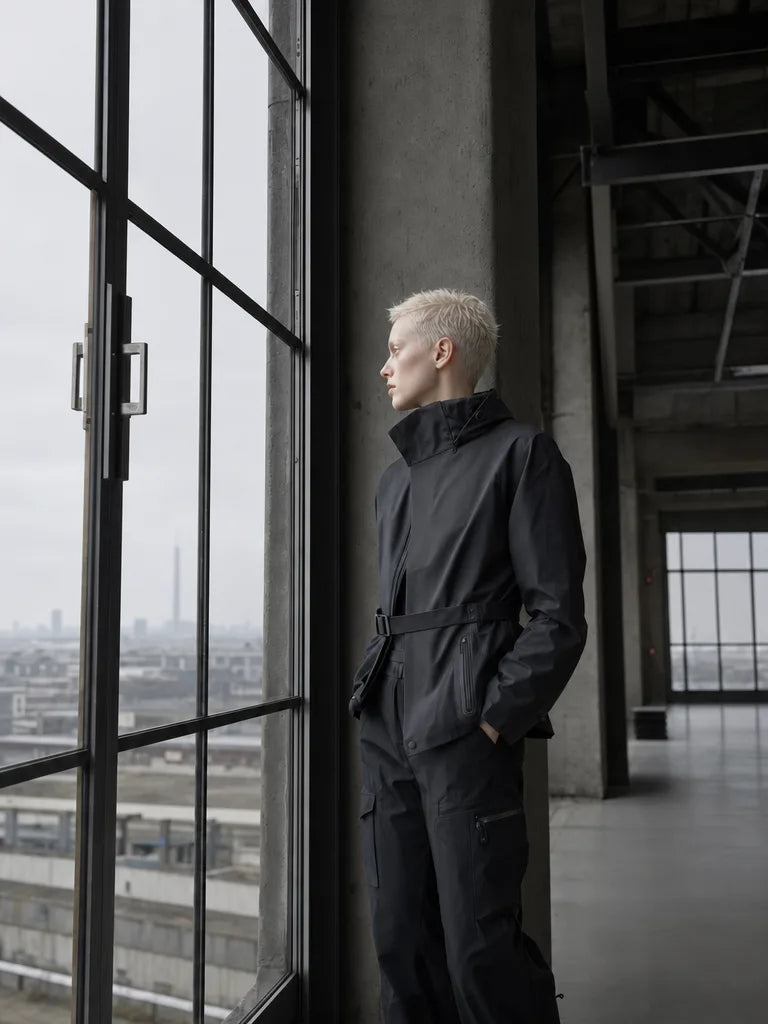 A composed figure in a charcoal TITTALLON shell at a modern urban window, gaze averted into the distance.