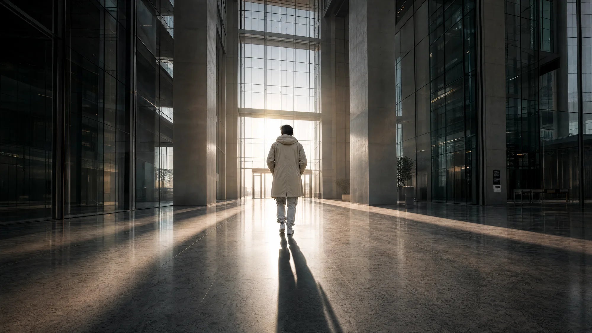 The atrium at scale, the figure smaller, the towers dominant, the morning steady.
