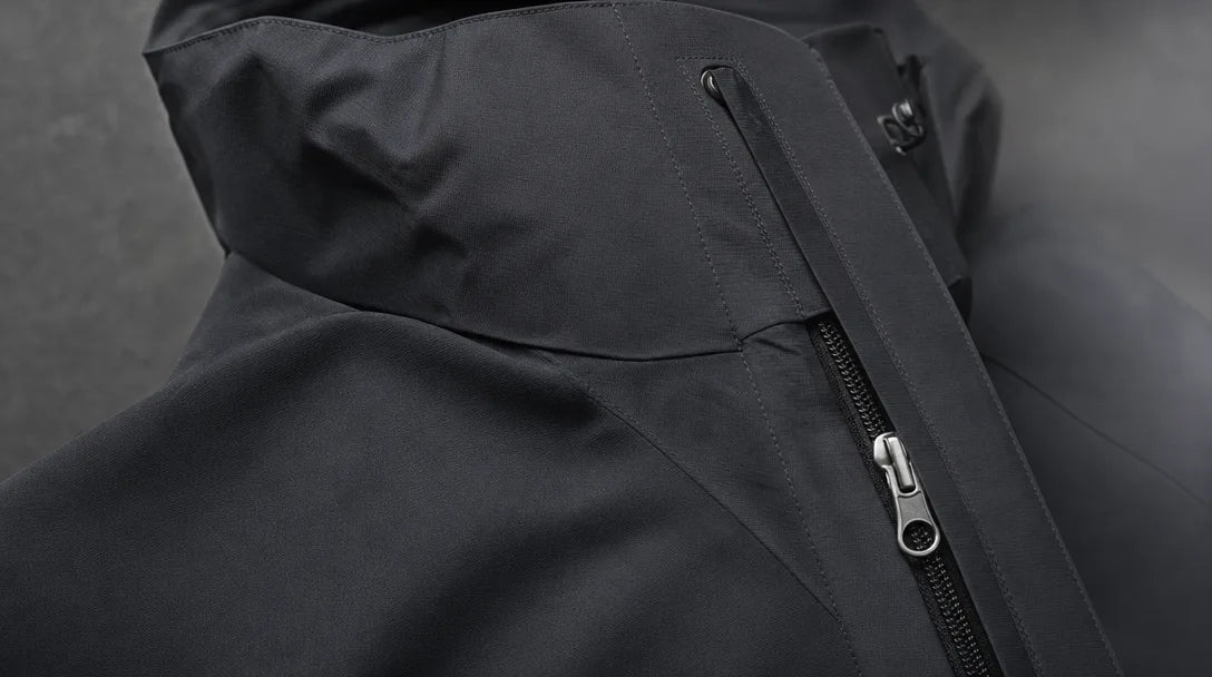 A close composition of performance-fabric texture, the surface that holds against weather