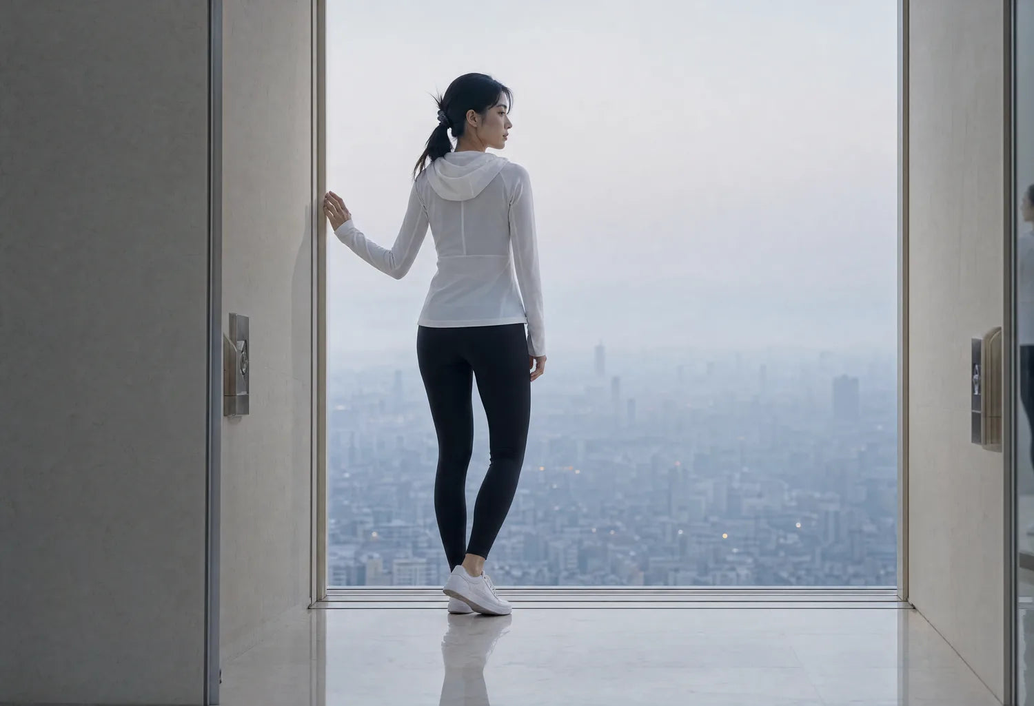 A composed woman in a grey FENGGY crinkle-nylon jumpsuit framed in a doorway at edge-of-morning.